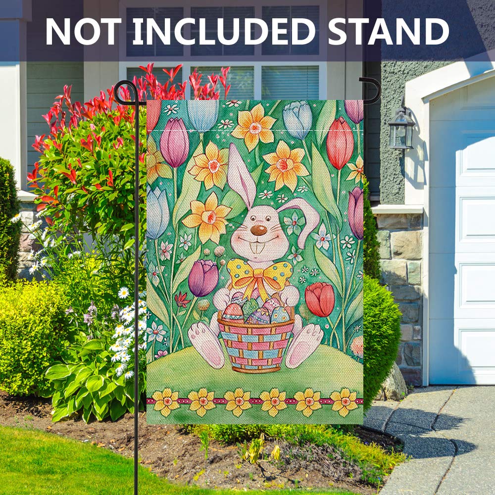 Shmbada Welcome Easter Eggs Bunny Flowers Burlap Garden Flag, Double Sided Outdoor Decorative Small Flag, 12 x 18 Inch