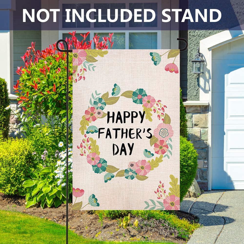 Shmbada Happy Father's Day Double Sided Burlap Garden Flag, Outdoor Flower Wreath Decorative Small Flags, 12.5 x 18.5 inch