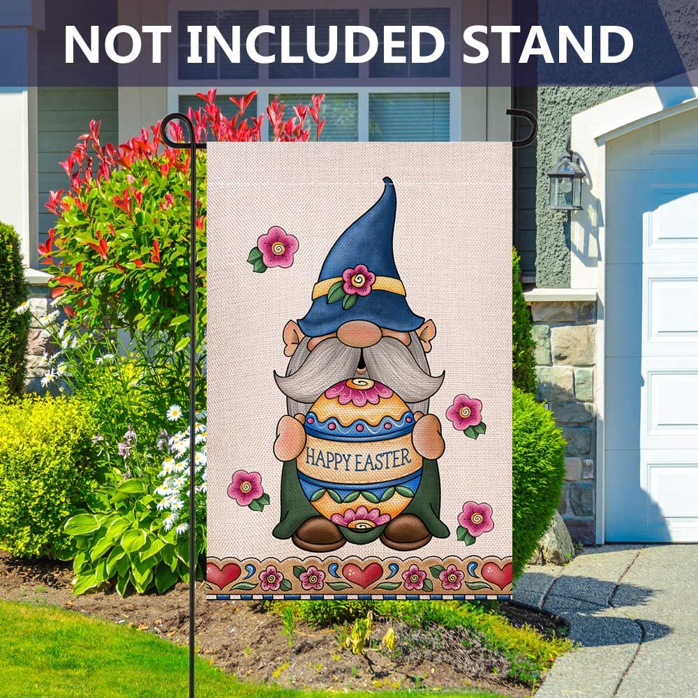 Shmbada Happy Easter Gnome Egg Flowers Burlap Garden Flag, Double Sided Outdoor Decoration, 12 x 18 Inch