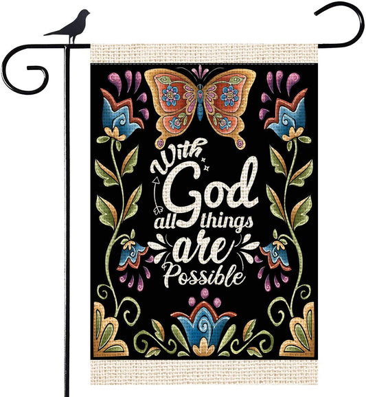 Shmbada with God All Things are Possible Burlap Garden Flag, Double Sided Outdoor Religious Christian Faith Decorative Small Yard Flag, 12 x 18 Inch