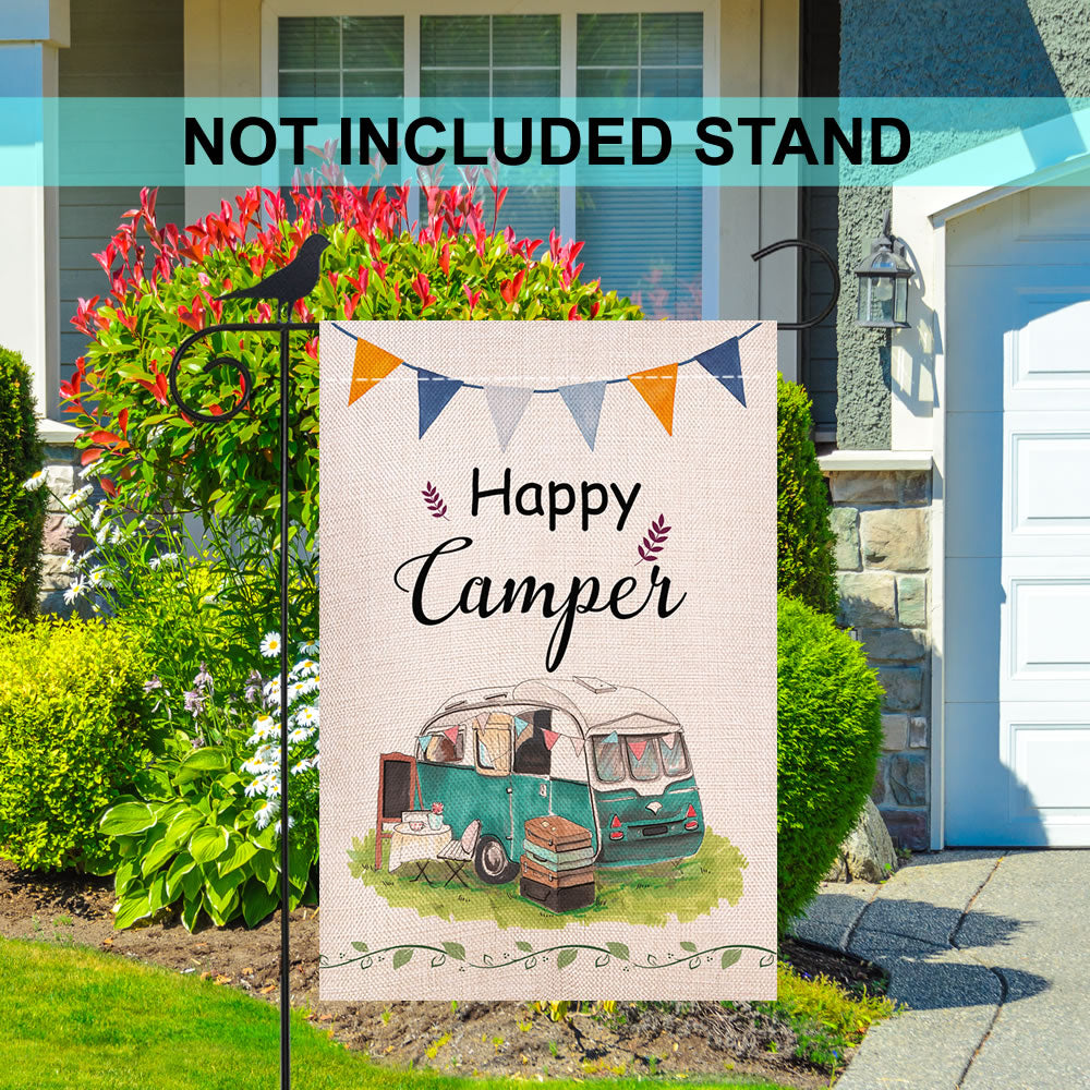 Shmbada Happy Camper Travel Burlap Garden Flag, Double Sided Outdoor Decorative Small Flags 12.5 x 18.5 inch