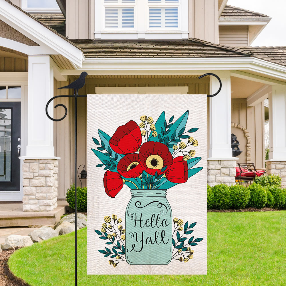 Shmbada Hello Y'all Mason Jars Flowers Double Sided Burlap Garden Flag, Welcome Spring Summer Floral Outdoor Decorative for Garden Yard Lawn, 12.5x18.5 Inch