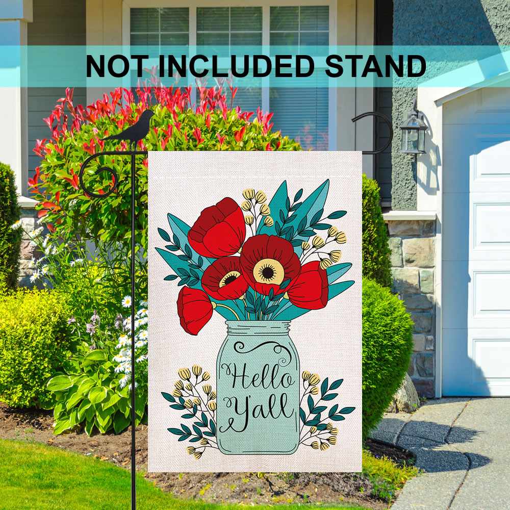 Shmbada Hello Y'all Mason Jars Flowers Double Sided Burlap Garden Flag, Welcome Spring Summer Floral Outdoor Decorative for Garden Yard Lawn, 12.5x18.5 Inch