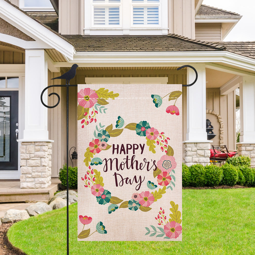 Shmbada Happy Mother's Day Double Sided Burlap Garden Flag, Outdoor Flower Wreath Decorative Small Flags 12.5 x 18.5 inch