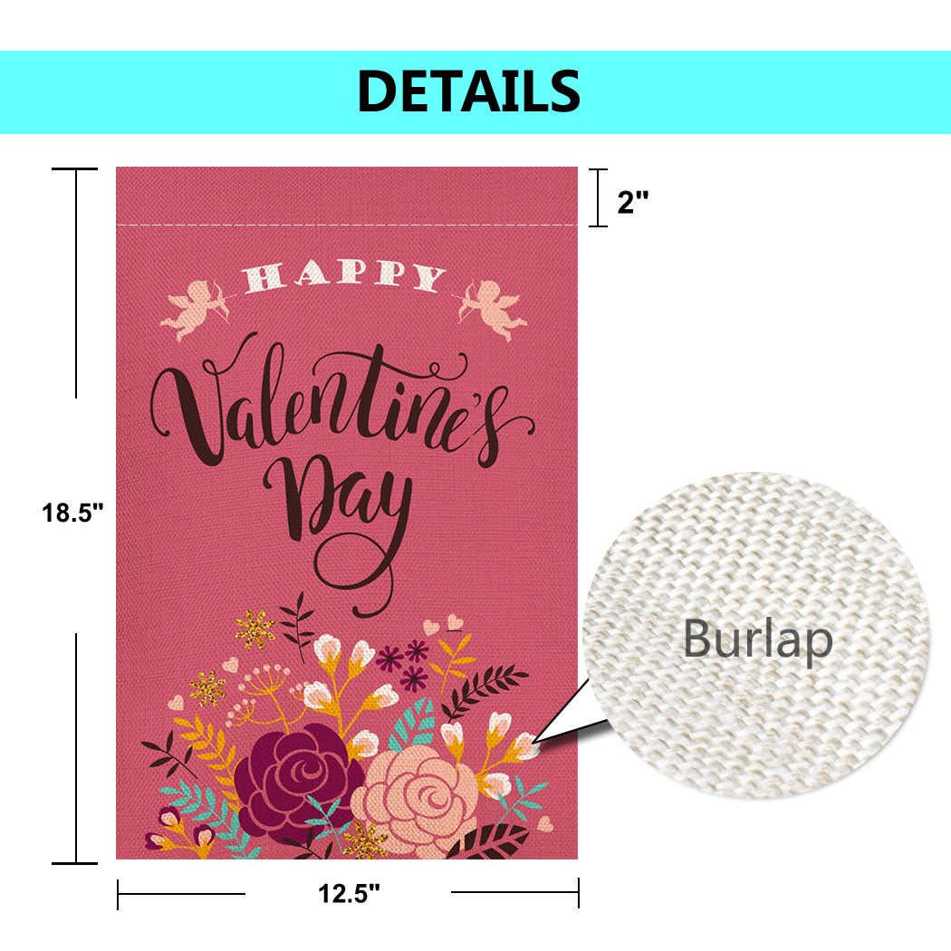 Shmbada Happy Valentine's Day Love Cupid Hearts Flower Double Sided Burlap Garden Flag, Outdoor Decorative Small Flags, 12 x 18 inch