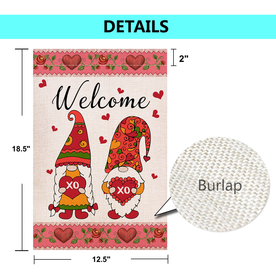 Shmbada Welcome Valentine's Day Gnomes Xo Xo Garden Flag, Double Sided Burlap Vertical Outside Outdoor Yard Lawn Decoration, 12 x 18 Inch