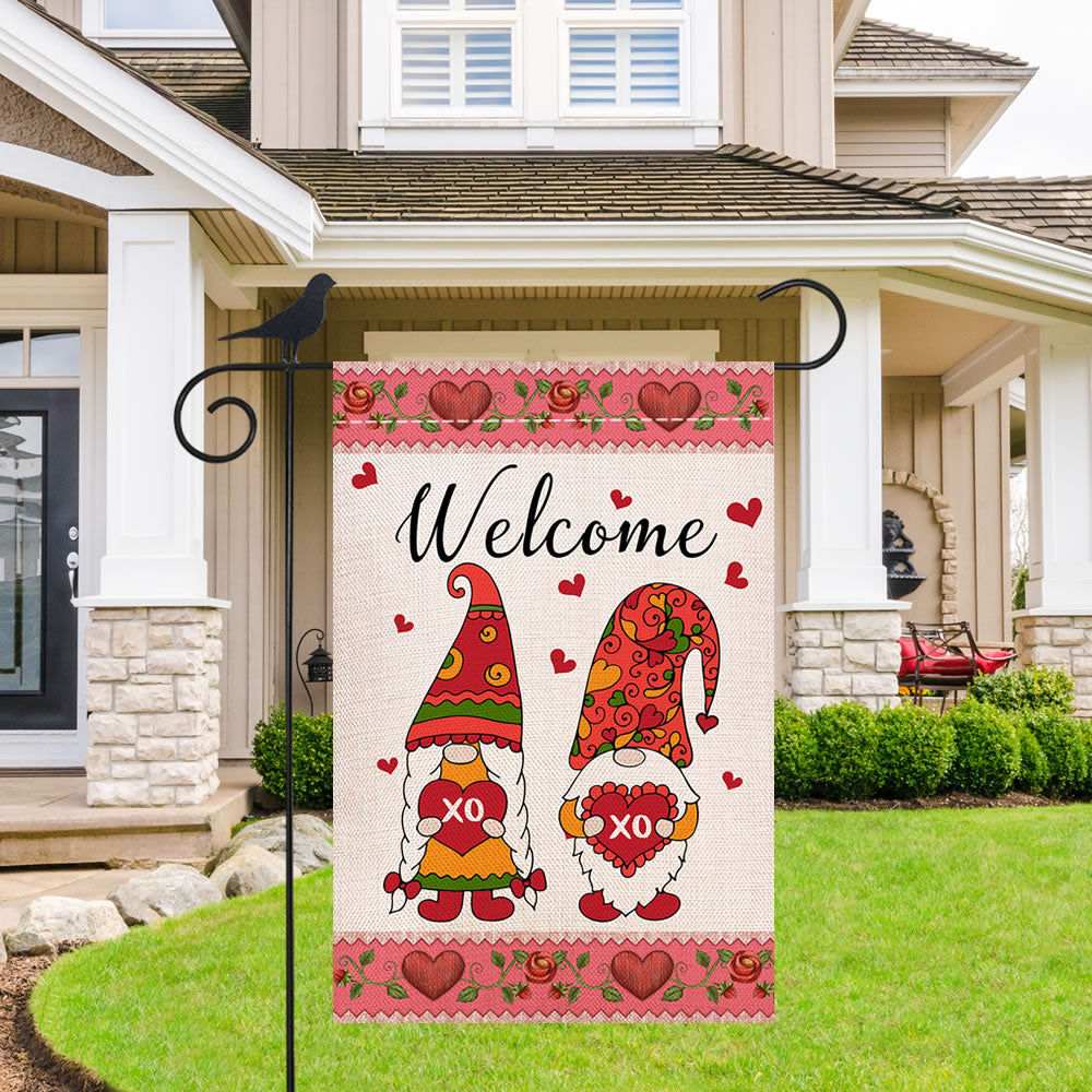 Shmbada Welcome Valentine's Day Gnomes Xo Xo Garden Flag, Double Sided Burlap Vertical Outside Outdoor Yard Lawn Decoration, 12 x 18 Inch