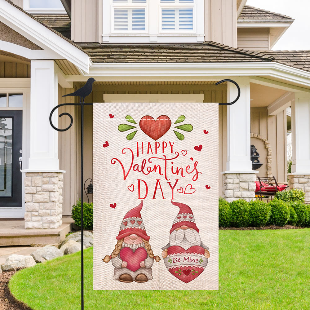 Shmbada Happy Valentine's Day Gnomes Be Mine Garden Flag, Double Sided Burlap Vertical Outdoor Yard Lawn Decoration, Red 12 x 18 Inch