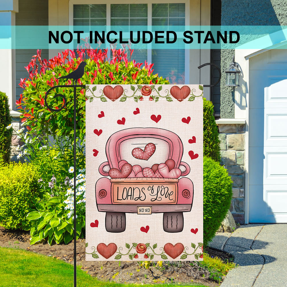 Shmbada Welcome Valentine's Day Loads of Love Red Truck Garden Flag, Xo Xo Double Sided Burlap Vertical Outside Outdoor Yard Lawn Decoration, 12 x 18 Inch