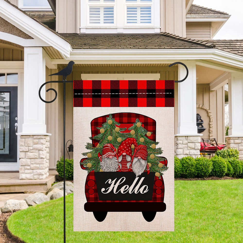 Shmbada Hello Christmas Winter Red Truck Gnome Double Sided Burlap Garden Flag, Home Decor Outdoor Decorative Small Flags, 12 x 18 Inch