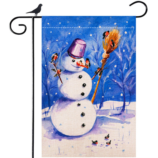 Shmbada Double Sided Winter Cute Snowman with Birds Burlap Garden Flag, Merry Christmas Home Decor Outdoor Decorative Small Flags, 12 x 18 Inch