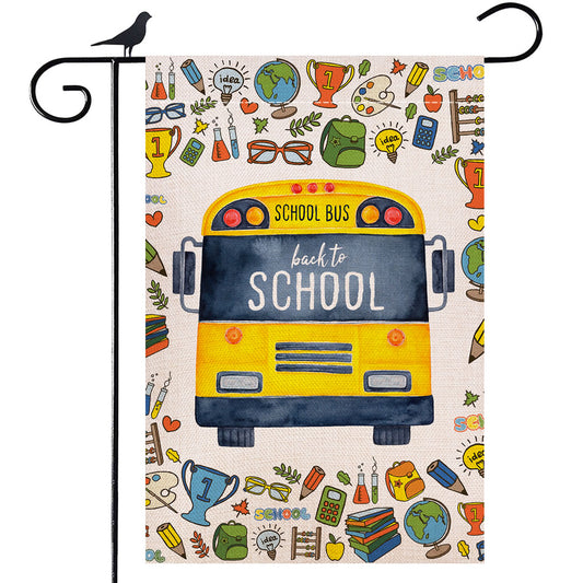 Shmbada Welcome Back to School Burlap Garden Flag, Premium Double Sided School Supplies Yellow Bus Outdoor Yard Lawn Colorful Decorative Banner, 12 x 18 Inch
