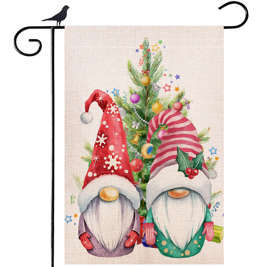 Shmbada Christmas Tree Gnomes Burlap Garden Flags, Double Sided Winter Outdoor Decorative Small Flags 12 x 18 Inch