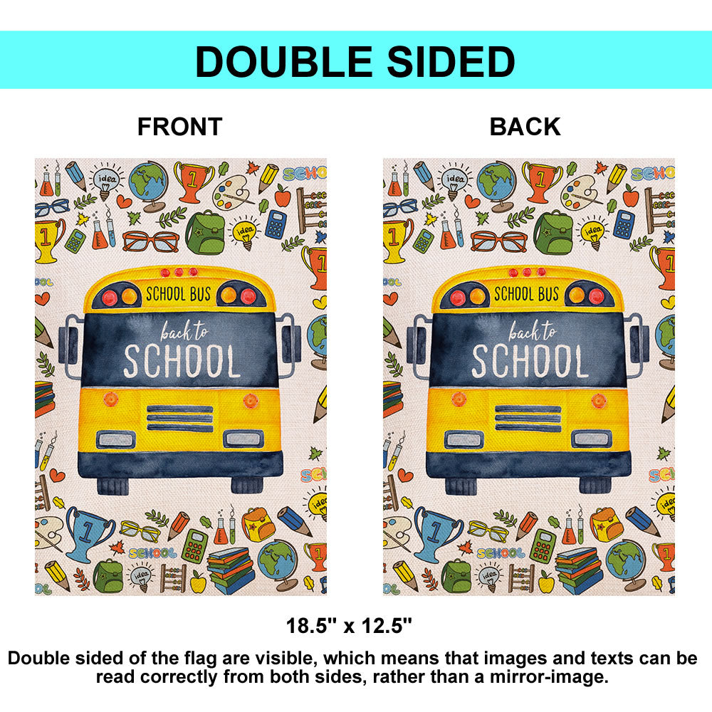 Shmbada Welcome Back to School Burlap Garden Flag, Premium Double Sided School Supplies Yellow Bus Outdoor Yard Lawn Colorful Decorative Banner, 12 x 18 Inch