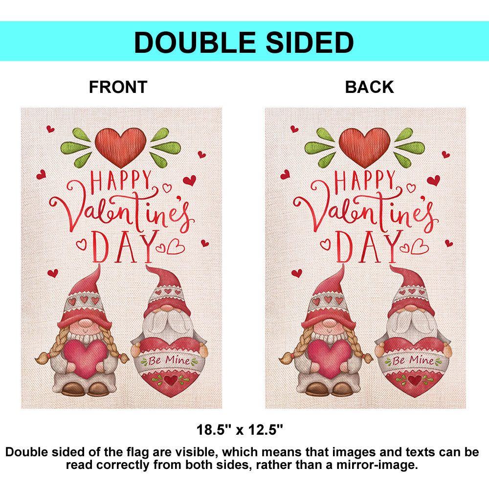 Shmbada Happy Valentine's Day Gnomes Be Mine Garden Flag, Double Sided Burlap Vertical Outdoor Yard Lawn Decoration, Red 12 x 18 Inch