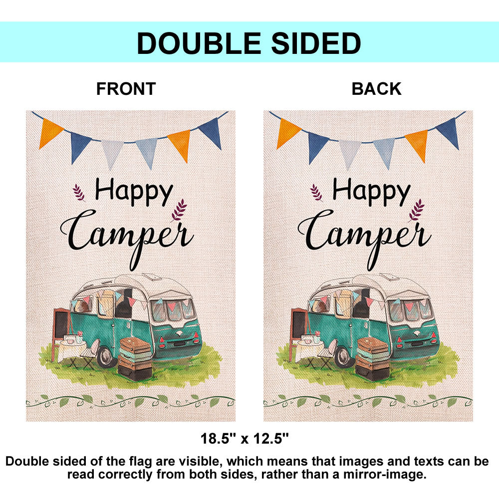 Shmbada Happy Camper Travel Burlap Garden Flag, Double Sided Outdoor Decorative Small Flags 12.5 x 18.5 inch