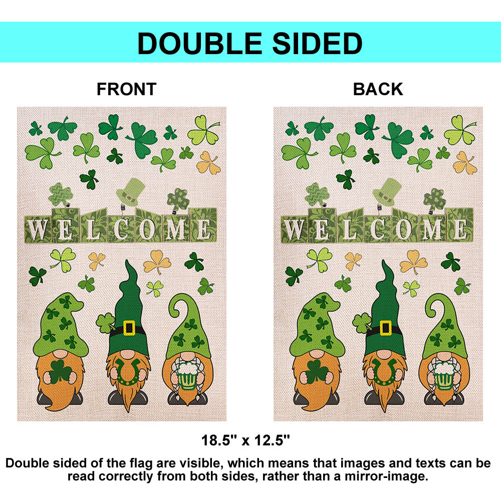 Shmbada Welcome St Patricks Day Gnomes Garden Flag Double Sided Burlap Outdoor Irish Green Shamrock Beer Decoration, 12 x 18 Inch