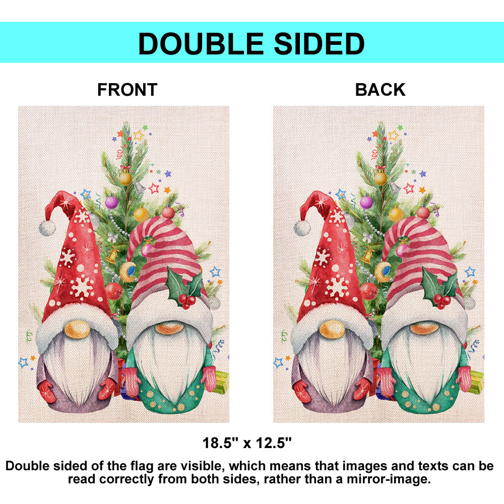 Shmbada Christmas Tree Gnomes Burlap Garden Flags, Double Sided Winter Outdoor Decorative Small Flags 12 x 18 Inch