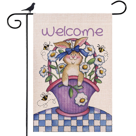 Shmbada Welcome Easter Day Burlap Garden Flag, Spring Flowers Bunny Bees Double Sided Vertical Outside Outdoor Yard Decoration, 12.5 x 18.5 Inch