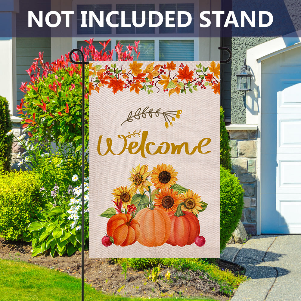 Shmbada Welcome Fall Thanksgiving Day Double Sided Burlap Garden Flag, Outdoor Decorative Small Flags, 12.5 x 18.5 inch
