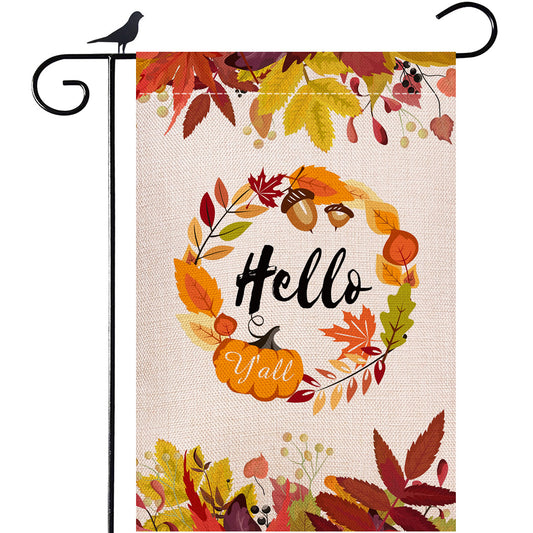 Shmbada Hello Y'all Fall and Thanksgiving Day Welcome Burlap Garden Flag, Double Sided Premium Material, Autumn Leaves Seasonal Outdoor Banner Decorative Flags, 12.5 x 18.5 Inch