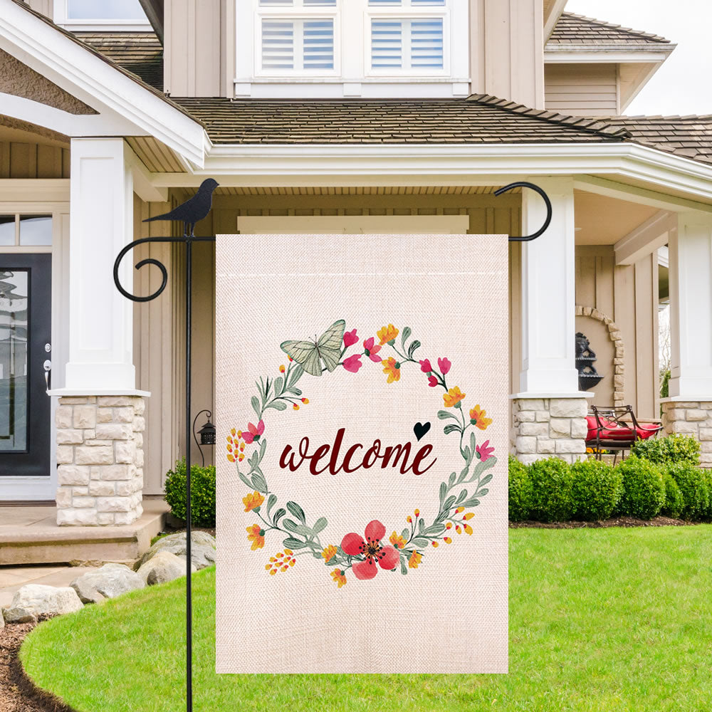 Shmbada Flowers Welcome Spring Summer Burlap Garden Flag, Double Sided Outdoor Decorative Small Flags 12.5 x 18.5 inch
