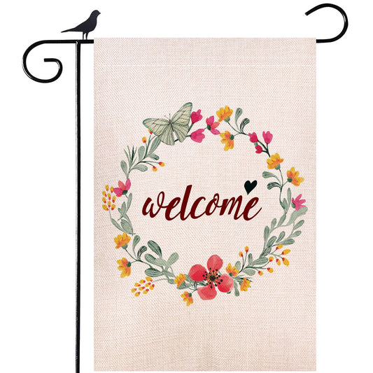 Shmbada Flowers Welcome Spring Summer Burlap Garden Flag, Double Sided Outdoor Decorative Small Flags 12.5 x 18.5 inch