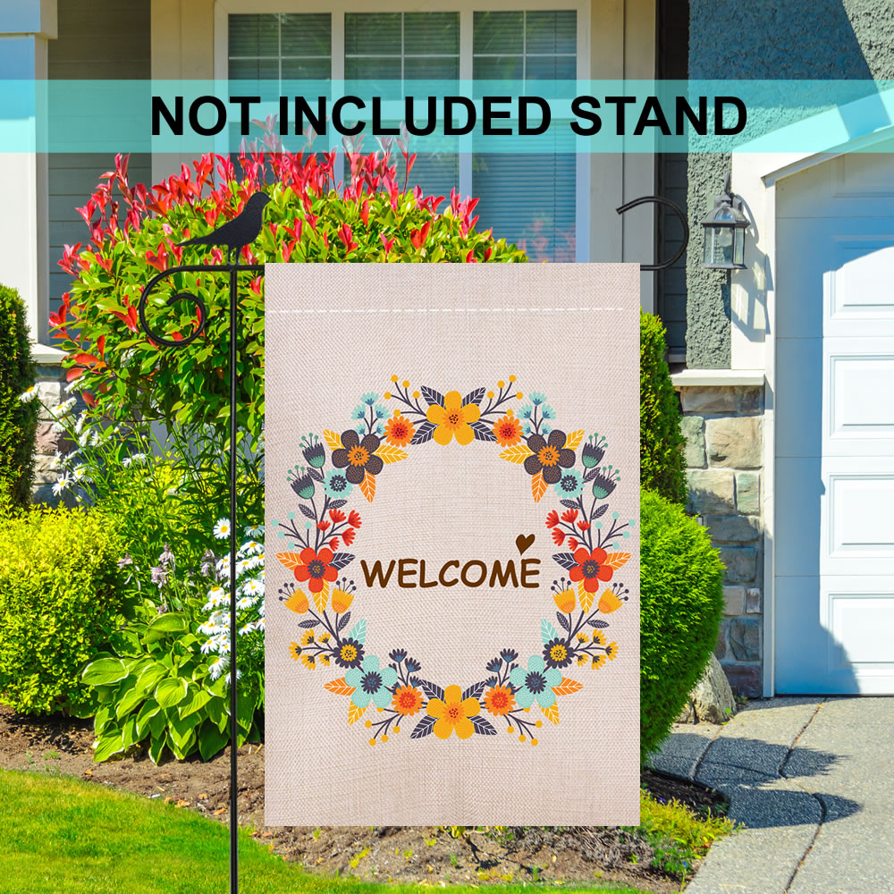 Shmbada Spring Flower Welcome Double Sided Burlap Garden Flag, Premium Material, Summer Outdoor Decorative Small Flags for Home House Garden Yard Lawn Patio, 12.5 x 18.5 inch