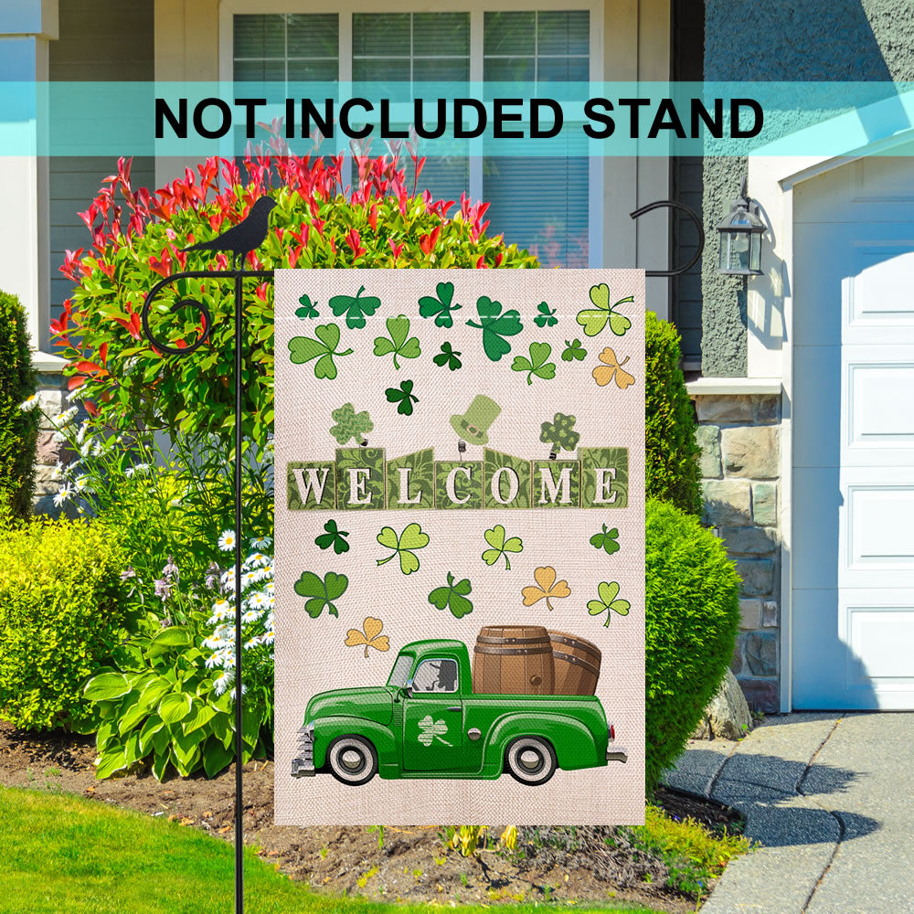 Shmbada St Patrick's Day Burlap Garden Flag, Double Sided Outdoor Lawn Yard Home Decoration Small Flag Irish Shamrock Clover Banner Holiday Green Truck Party Beer Accessories Decor, 12.5" x 18.5"