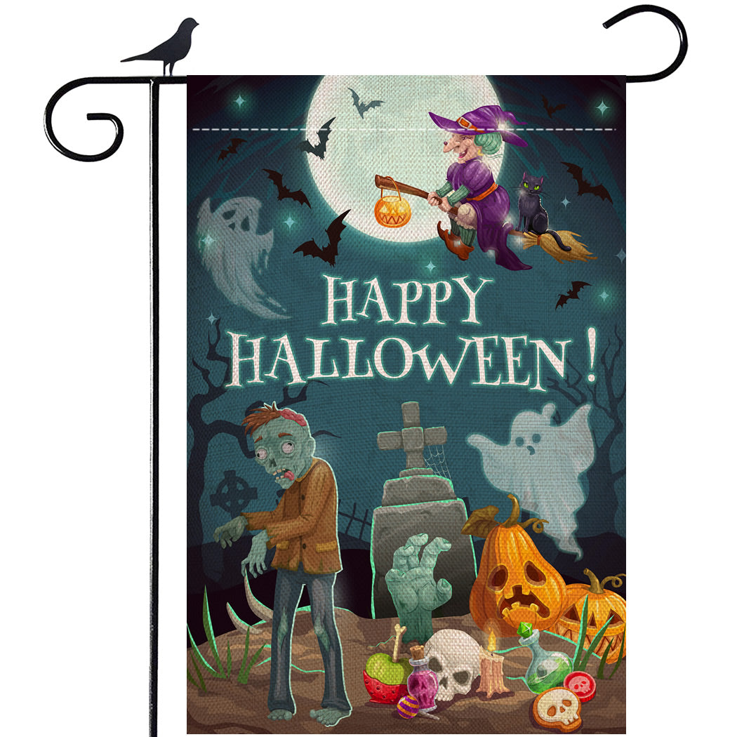 Shmbada Happy Halloween Double Sided Burlap Garden Flag, Fall Outdoor Pumpkin Graves Ghosts Witch Decorative Banner, 12.5 x 18.5 Inch