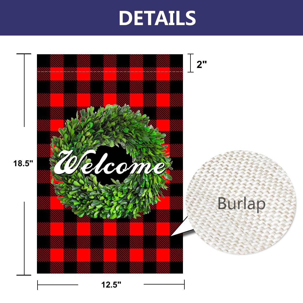 Shmbada Welcome Boxwood Wreath Red Black Buffalo Check Plaid Double Sided Burlap Garden Flag, 12.5 x 18.5 inch