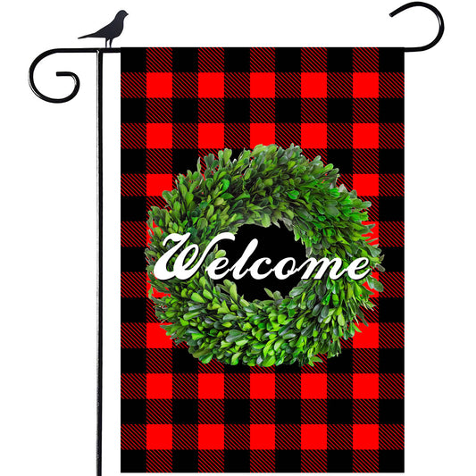 Shmbada Welcome Boxwood Wreath Red Black Buffalo Check Plaid Double Sided Burlap Garden Flag, 12.5 x 18.5 inch