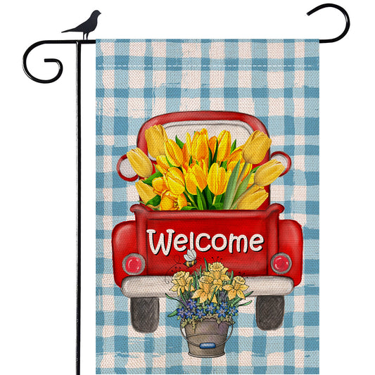 Shmbada Welcome Spring Summer Burlap Garden Flag, Blue White Buffalo Plaid Flowers Red Truck Tulips Double Sided Outdoor Yard Decoration, 12 x 18 Inch