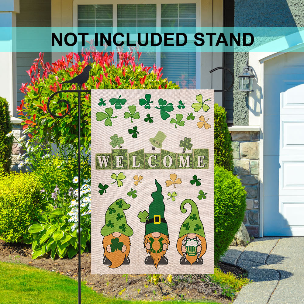 Shmbada Welcome St Patricks Day Gnomes Garden Flag Double Sided Burlap Outdoor Irish Green Shamrock Beer Decoration, 12 x 18 Inch