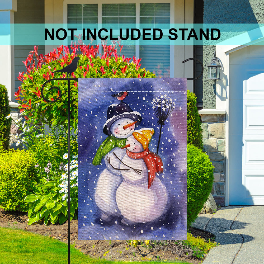 Shmbada Welcome Winter Burlap Garden Flag - Premium Material Double Sided - Shows Cardinal and Cute Snowman Embraced Merry Christmas Outdoor Decorative for Home Yard Lawn Patio Porch - 12 x18 Inch