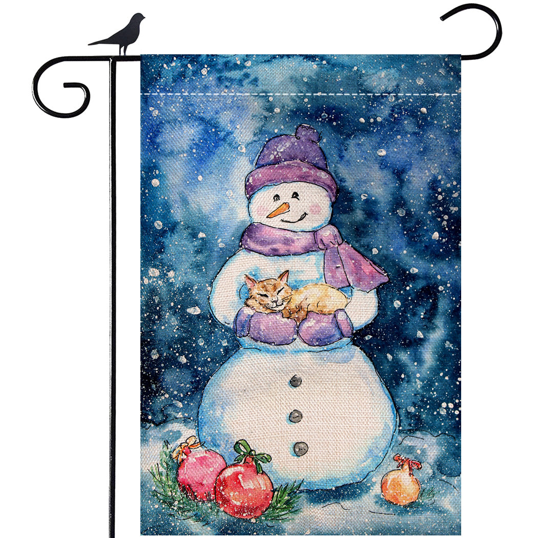 Shmbada Winter Snowman with Cat Burlap Garden Flag, Premium Material Double Sided, Seasonal Merry Christmas Home Decor Outdoor Decorative Small Flags for Yard Lawn Patio Porch Farmhouse, 12 x18 Inch
