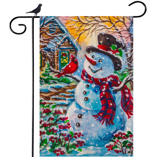 Shmbada Winter Snowman with Red Cardinal Bird Burlap Garden Flag, Double Sided Merry Christmas Home Decor Outdoor Decorative Small Flags for Yard Lawn Patio Porch Farmhouse, 12 x 18 Inch